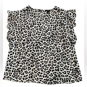 Ann Taylor Factory Leopard Print Ruffle Cap Sleeve Silky Blouse Size M